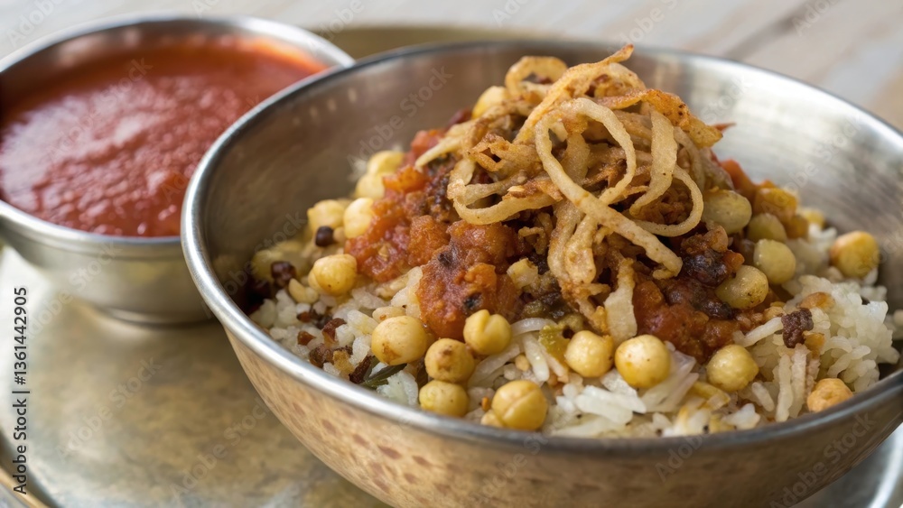 A bowl of rice topped with spices, beans, and a side of sauce.