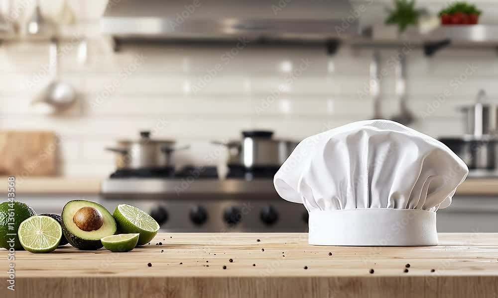Kitchen setting, chef's hat foreground, limes, avocado on the counter. Warm light shines through
