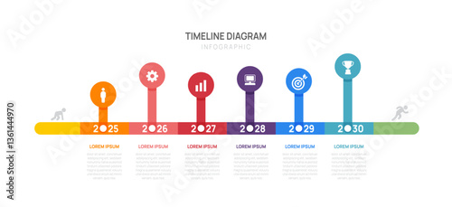Business infographic for presentation milestones timeline template of 6 steps, and icons. Project planning by year.