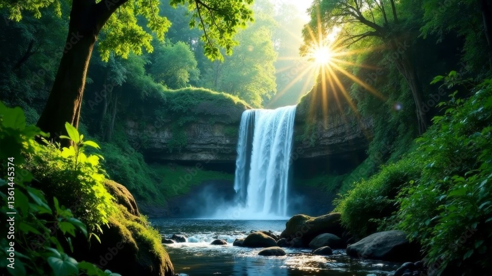 Fototapeta premium big wide waterfall in the jungle in summer on a sunny day