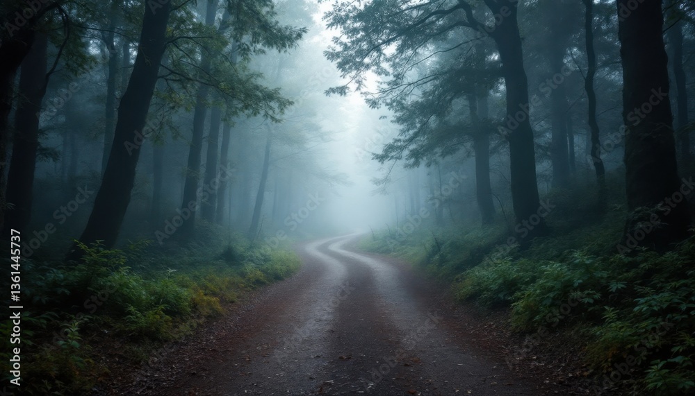 Fototapeta premium Mystical forest path with dense fog and lush greenery in serene landscape