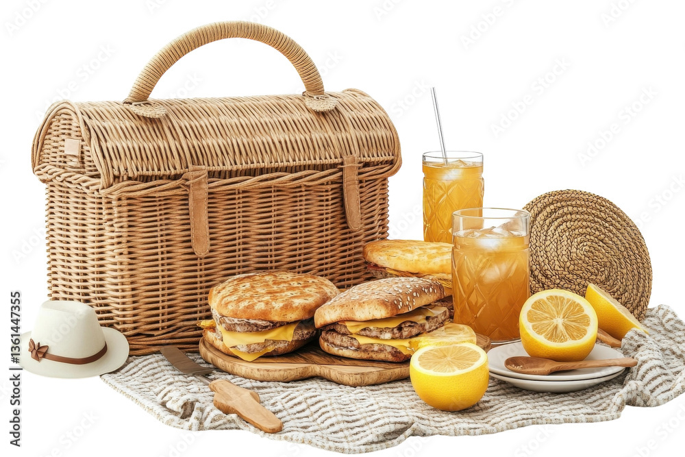 A Delightful Summer Picnic Basket Brimming With Juicy Burgers, Refreshing Iced Tea, And Sunshine-yellow Lemons, All Nestled On A Cozy Textured Blanket With Soft, Warm Lighting Isolated on Transparent A Delightful Summer Picnic Basket Brimming With Juicy Burgers, Refreshing Iced Tea, And Sunshine-yellow Lemons, All Nestled On A Cozy Textured Blanket With Soft, Warm Lighting Isolated on Transparent