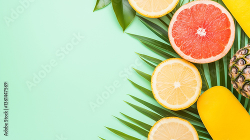 Fresh tropical Fruit and Foliage: A vibrant assortment of fresh, colorful fruits including a grapefruit, lemon, pineapple and foliage is arranged on a turquoise backdrop.