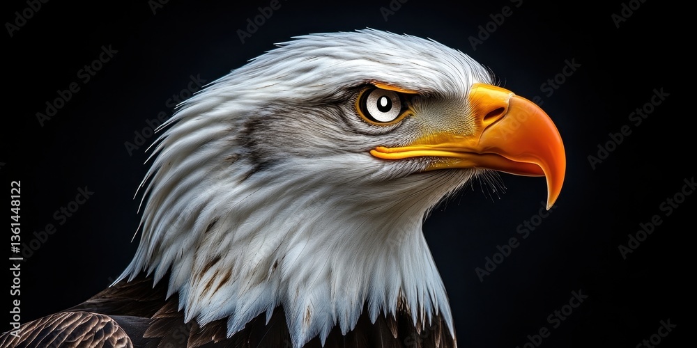 Fototapeta premium Majestic Bald Eagle Portrait: A close-up portrait of a regal bald eagle, showcasing its piercing gaze, sharp orange beak, and pristine white feathers, set against a dramatic dark background.