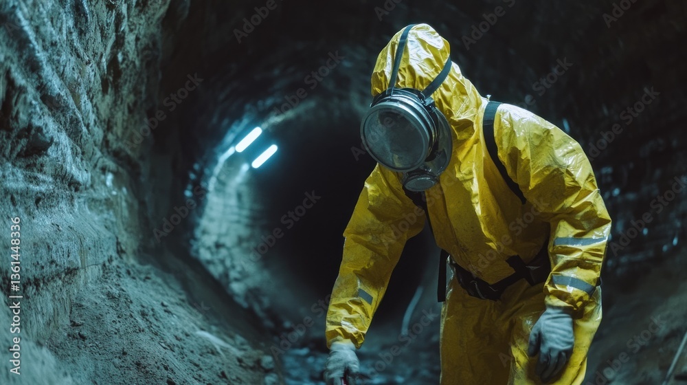Obraz premium Hazardous Exploration: A lone figure in protective gear navigates a dark, mysterious tunnel, a scene of suspense and investigation.
