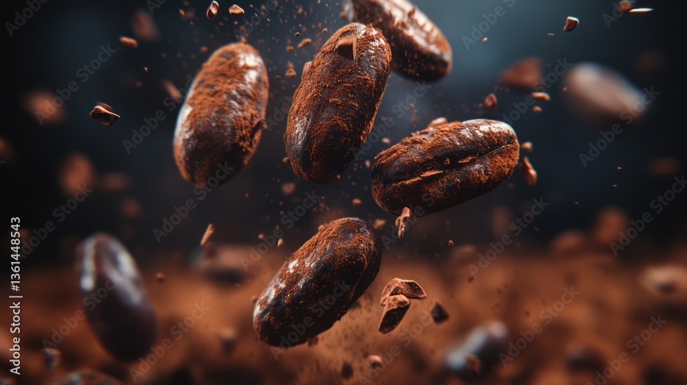 Cacao beans exploding, cocoa powder background, studio shot, food industry use Cacao beans exploding, cocoa powder background, studio shot, food industry use