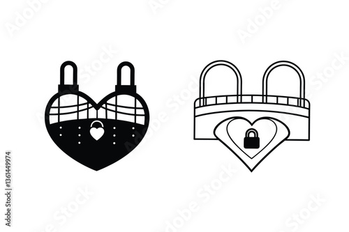 Heart Shaped Love Locks Bridge and Corset Icons Design