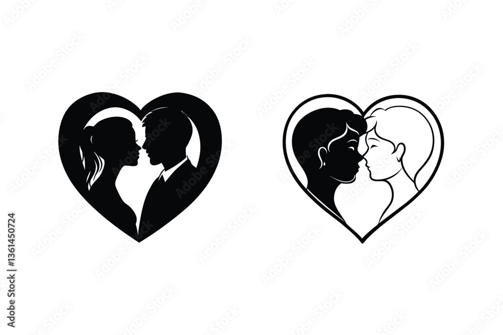 Fototapeta premium Romantic Couple Silhouettes in Heart Shape Wedding Love Design