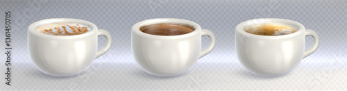 Coffee mug mockup set with white ceramic cups filled with different brew varieties. Cappuccino with foam, dark espresso and light americano beverages. Realistic drinkware display for menu or branding.
