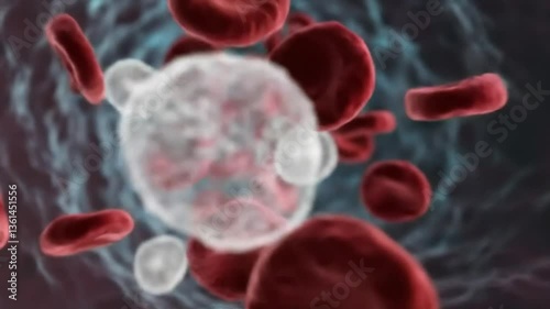 Immune cell interacting with red blood cells in a microscopic view  