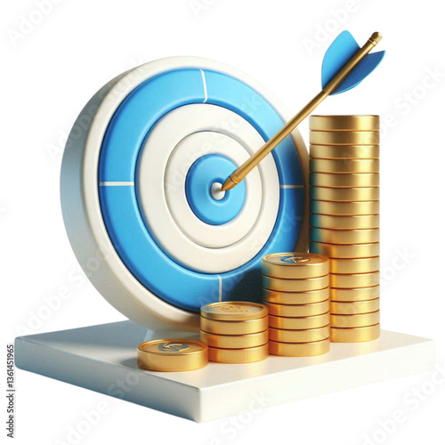 3D Target with Bullseye and Stacked Gold Coins – Financial Success Concept, dart hitting target.