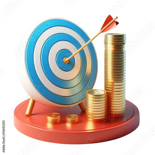 3D Target with Bullseye and Stacked Gold Coins – Financial Success Concept, dart hitting target.