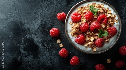 Fresh bowl of yogurt granola and vibrant ripe red raspberries