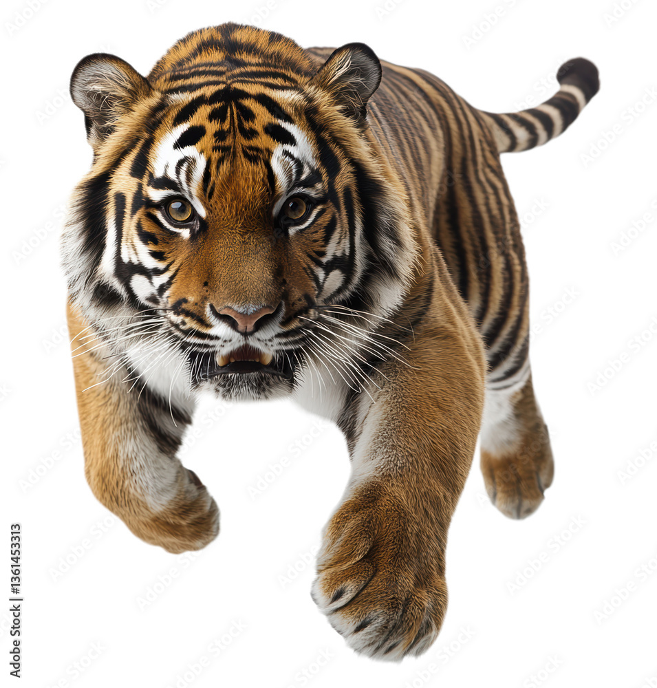 Obraz premium Majestic Bengal Tiger with Orange Fur and Black Stripes, Front View of Wild Big Cat in Stalking Pose Isolated on Transparent and White Background