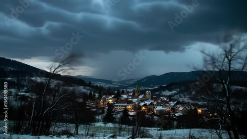Winter Village Under Dark Clouds  