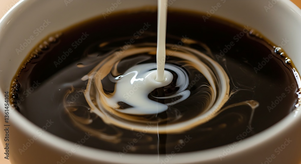 The intricate swirl of cream dissolving into a cup of black coffee. The intricate swirl of cream dissolving into a cup of black coffee.