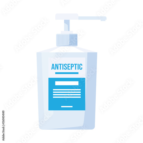 Clear antiseptic bottle with pump dispenser resting on a clean white background for hygienic application and safety use