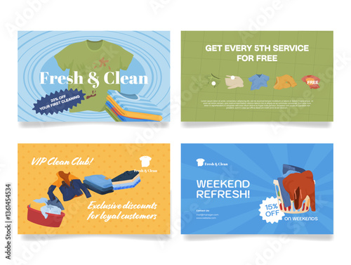 Promotional material templates showcasing various dry cleaning service offers, including a discount for new customers and VIP club membership benefits