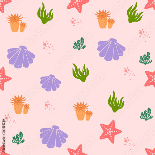 Sea animals seamless pattern background. Marine animals illustration pattern. Sea life background. Perfect for fashion clothes, shirt, fabrics, textiles, wallpaper, decor, print, packaging photo