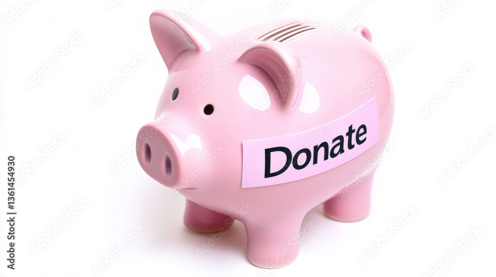 Obraz premium Pink Piggy Bank with Donate Label on White Background