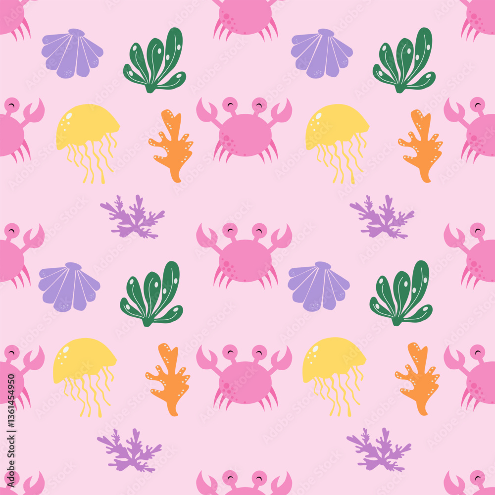 Obraz premium Sea animals seamless pattern background. Marine animals illustration pattern. Sea life background. Perfect for fashion clothes, shirt, fabrics, textiles, wallpaper, decor, print, packaging