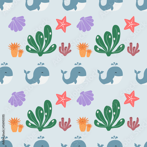 Sea animals seamless pattern background. Marine animals illustration pattern. Sea life background. Perfect for fashion clothes, shirt, fabrics, textiles, wallpaper, decor, print, packaging photo