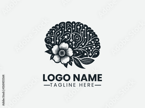 Brain Neural Pattern Blooming Flower Mental Health Logo Design, Mental Health Neural Brain Flower Logo
