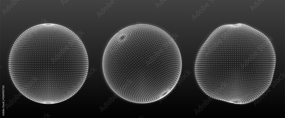 Sphere particle dot wireframe compositions - radial circular mesh graphics, illuminated globe designs, futuristic geometric compositions for digital technology backgrounds, dynamic 3d elements.