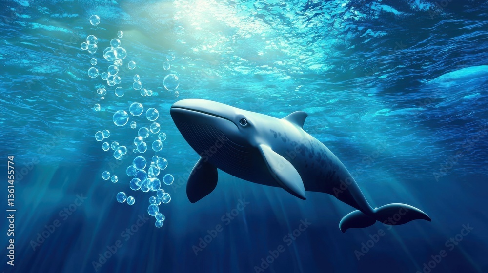 Obraz premium A cheerful cartoon whale, rendered in vibrant 3D animation, playfully blows a trail of shimme bubbles underwater, bathed in sunlight filte through the ocean surface.