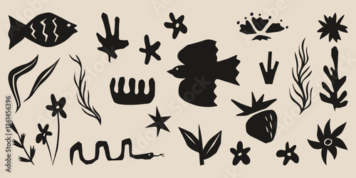 Black organic boho cut out shapes set - fish and bird, plants and flowers, snake and strawberry hand drawn elements. Whimsical natural cutouts for modern bohemian design, nature scrapbooking.
