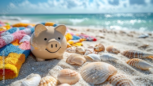 Piggy Bank on Beach with Seashells