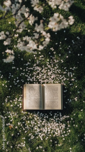 open book on grass under cherry tree with floating white petals. view romantic and soft atmosphere