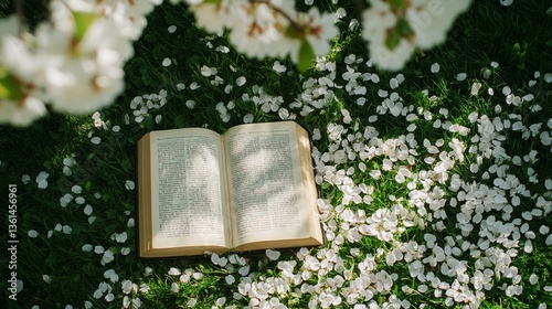 open book on grass under cherry tree with floating white petals. view romantic and soft atmosphere