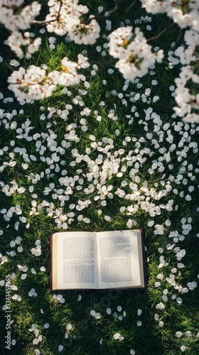 open book on grass under cherry tree with floating white petals. view romantic and soft atmosphere