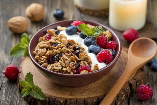 A photo of a rustic breakfast with homemade granola topped with fresh berries