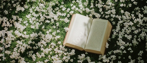 open book on grass under cherry tree with floating white petals. view romantic and soft atmosphere