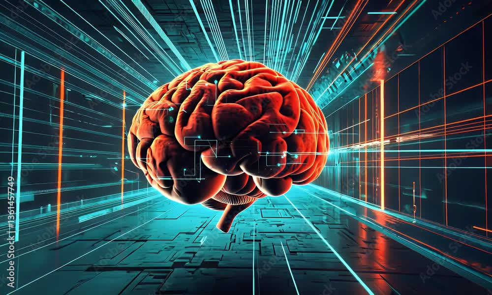 A red brain image in a futuristic blue and orange tech corridor. Artificial intelligence, neural networks, and learning concept