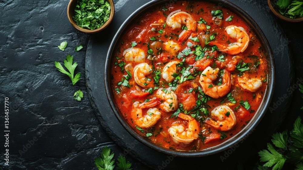 A Delicious Bowl of Shrimp Soup Garnished with Fresh Herbs