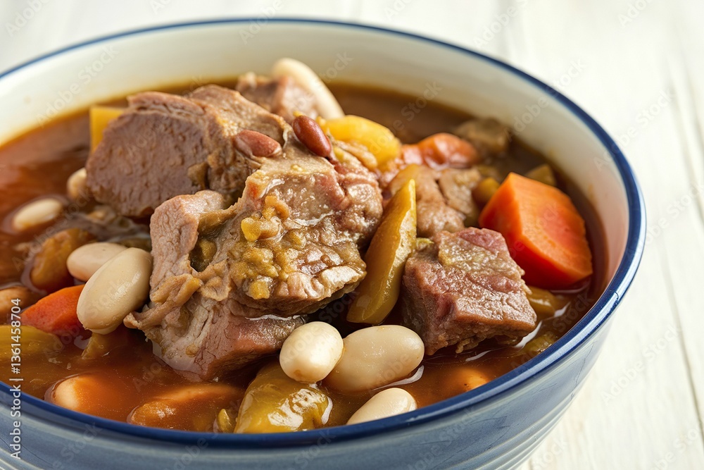 A photo of a bowl of hearty stew with chunks of pork meat, beans, sliced carrots, and other vegetables A photo of a bowl of hearty stew with chunks of pork meat, beans, sliced carrots, and other vegetables