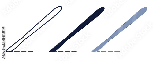 Set scalpel icons with incision. Black silhouette, outline and colorful professional medical equipment icon. Steel blade and cutting injure line symbol. Vector cartoon flat isolated illustration