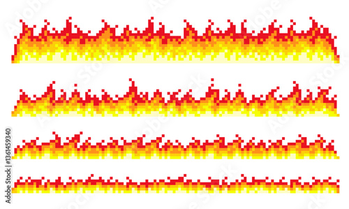 Pixel flame borders. 8 bit fire assets, linear burning effect, retro video game sprites, arcade elements, combustion, flammable silhouette, flat isolated illustration, qualitative vector set