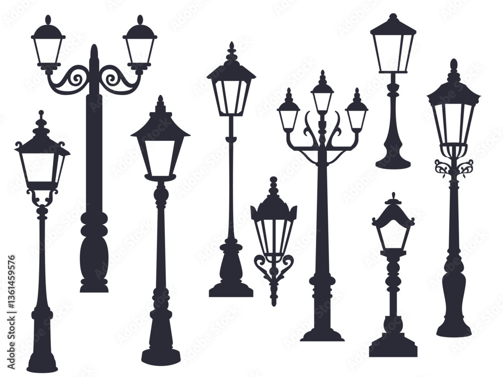 Old street lamps black silhouettes. Vintage city lanterns, park illumination isolated elements, traditional elegant lights, cast iron forging, victorian style, streetlamp decent vector set
