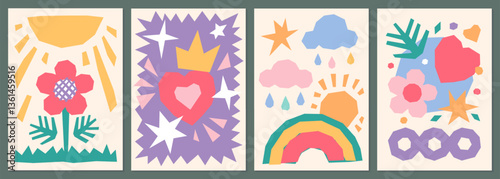 Paper pieces compositions. Kids art collages, children school creativity, applications made of glued colored cardboard, posters collection, notebook cover design, childish classy vector set