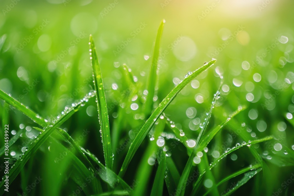 Fototapeta premium Emerald Dewdrops: A macro perspective of vibrant green grass blades, delicately adorned with glistening morning dew, captured in the soft morning light.