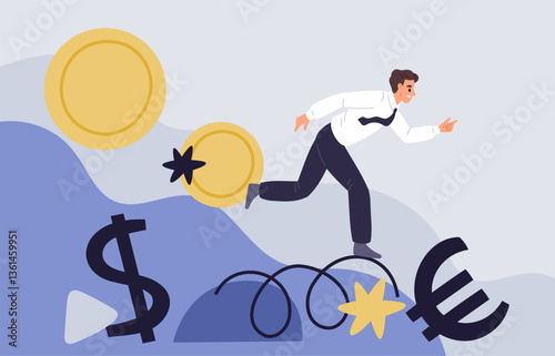 Instability situation. Businessman trying find balance, financial shakiness, risky investments, economic recession, market falling, cartoon flat style isolated garish vector concept