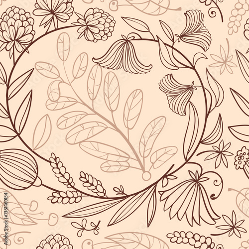 Floral seamless pattern. Outline plants, hand drawn elegant botanical elements, vintage decorative flowers. Decor textile, wrapping, wallpaper. Print for fabric splendid vector retro background