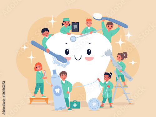 Dentists around tooth. Doctors kids cleaned drilled and examined, caries treatment and prevention, oral health care, toothbrush and toothpaste cartoon flat isolated classy vector concept