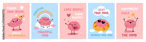 Cartoon brain cards. Funny mental health emoticons, positive thinking, cute clever mascot with smiling faces, keep calm and rest, emoji characters, posters educational, garish vector set