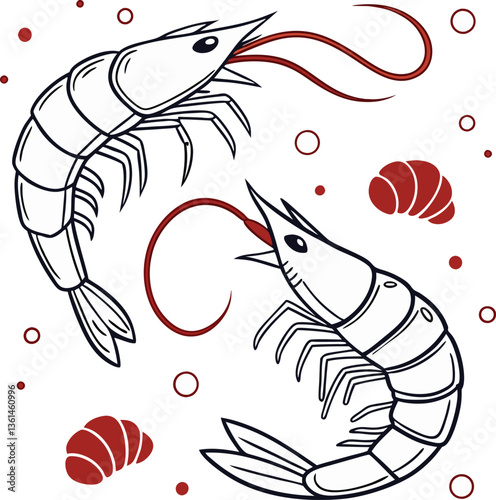 Fresh Seafood Vector Set with Shrimps Illustration