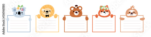 Animals holding frames. Cute baby fauna characters with lined sheets in paws, diary, planner blank templates, kawaii note cards, lion bear or fox cartoon flat isolated garish vector set